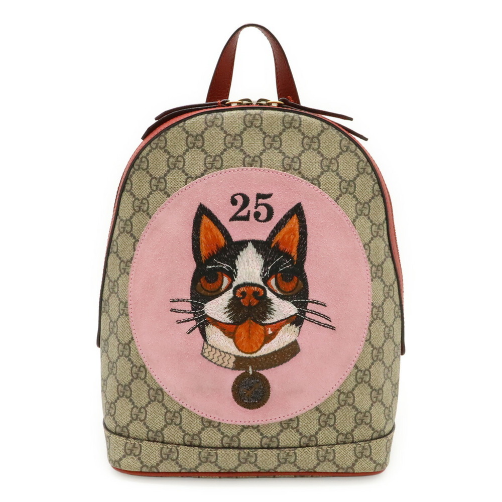 GUCCI GG Supreme BOSCO appliqué dog backpack, leather, beige/red, 495621 - Picture 1 of 10